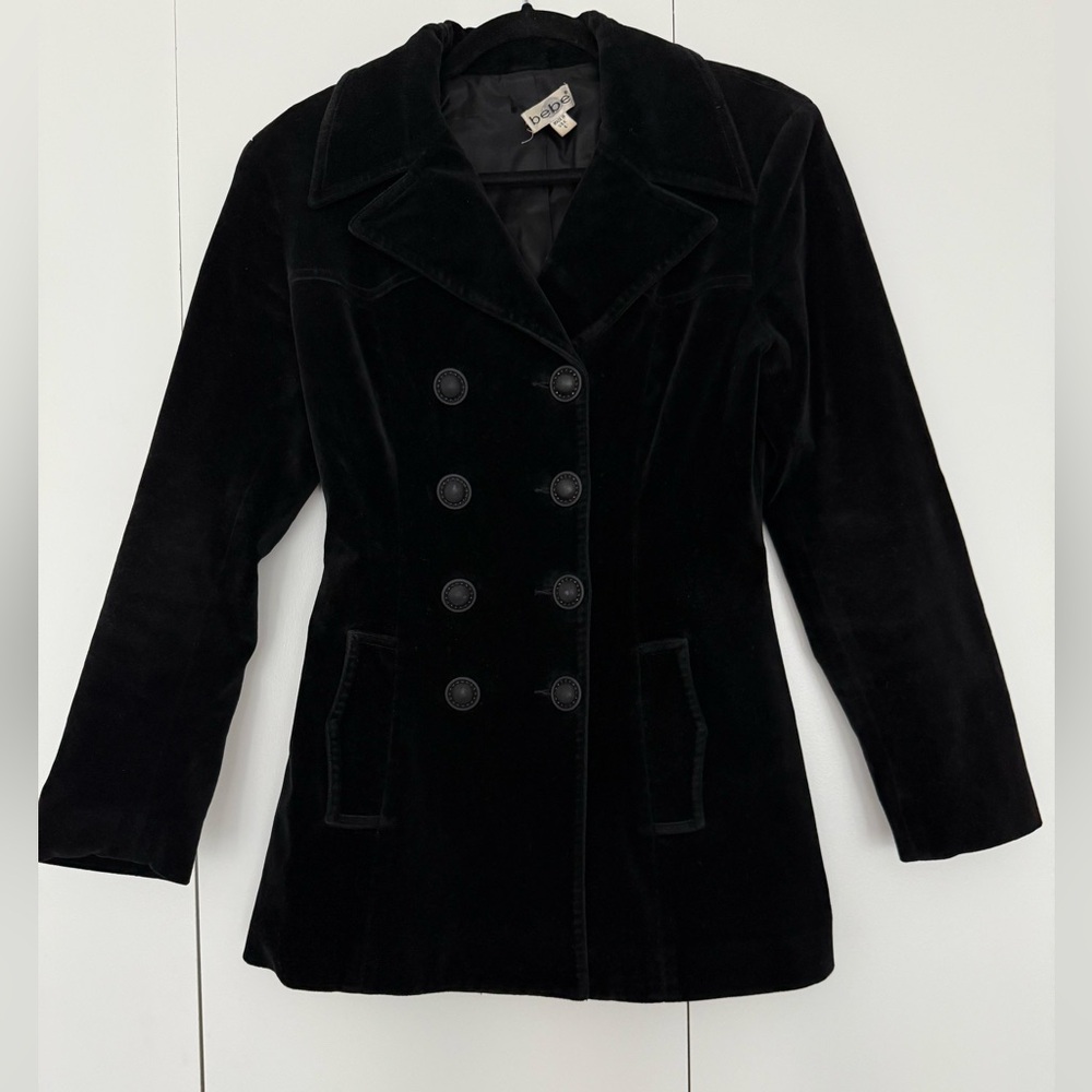 Vintage Bebe Black Velvet Double-Breasted Pea Coat